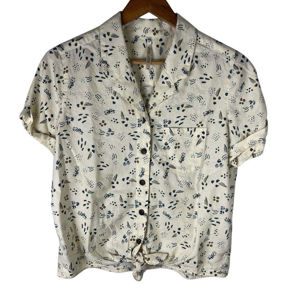 KUHL Elsie Womens Sz M Short Sleeve Button Up Shirt Ivory Tracks Front Tie